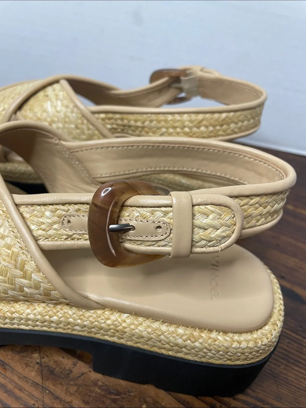 Vince Beige Woven Raffia Slingback Sandals with Black Lug Sole